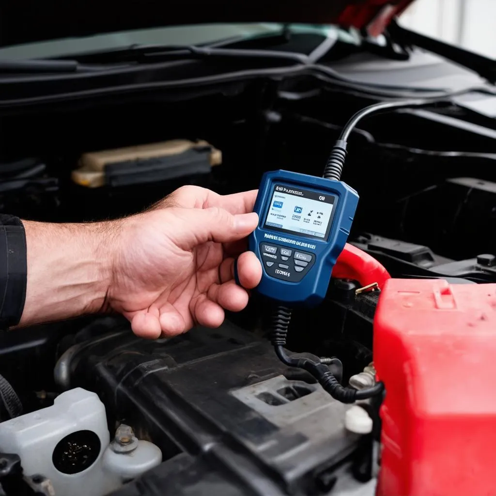 Mechanic connecting a car diagnostic tool